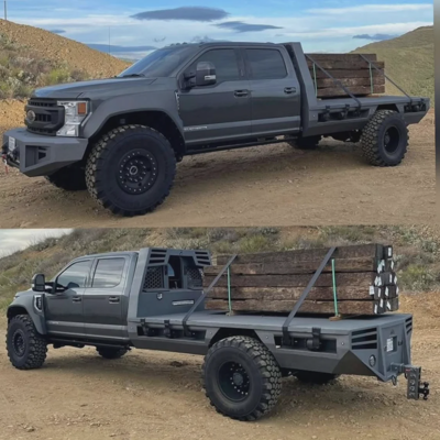 Gray Ford F350 Flatbed Lumber Load