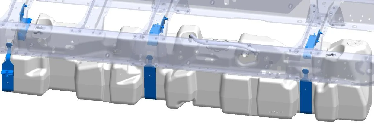 Dual fuel tank layout under a truck frame