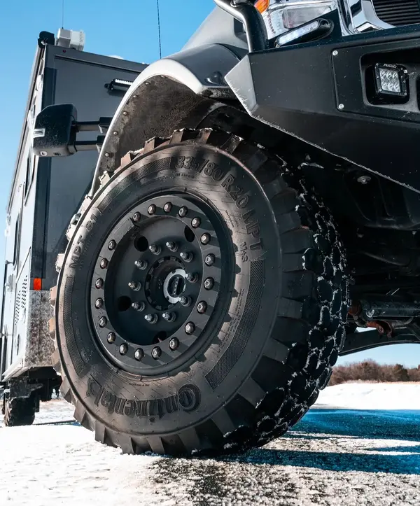 Continental military pattern tire mounted on a DBL Design super single wheel